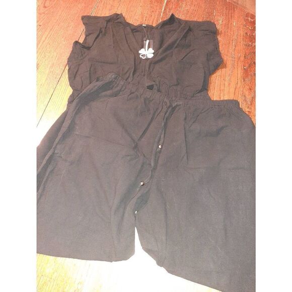 New XL 16 Fancyinn Black 2pc Outfit Deep V-Neck Crop Drawstring Side Slit Pants - Picture 7 of 8